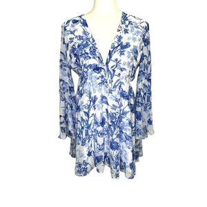 Urban Outfitters Love Sadie Blue White Floral Bird Bell Sleeve Mini Dress